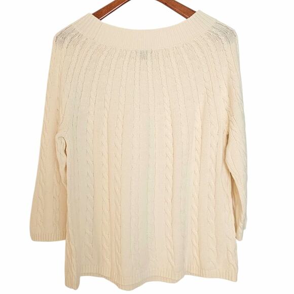 Talbot's Cream White Cable Knit Cotton Pullover Sweater with 3/4 Sleeves - Picture 3 of 5